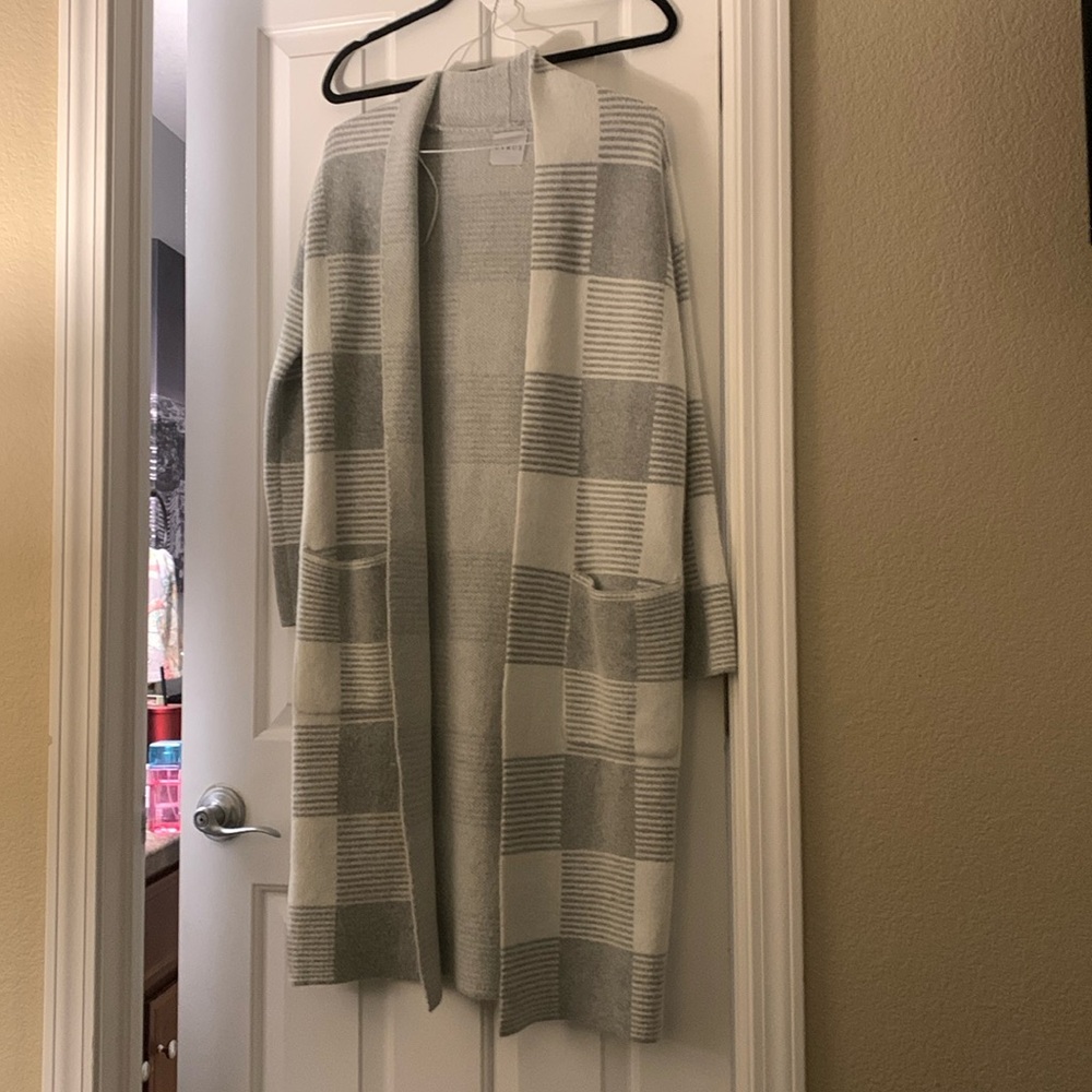 White and grey long soft cardigan sweater